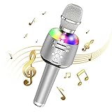 Bluetooth Drahtloses Karaoke-Mikrofon mit LED-Licht, Tragbarer Karaoke-Mikrofon-Lautsprecher, Singmaschine für PC und Smartphone, Geburtstagsgeschenke für Kinder Erwachsene jeden Alters (Silber)