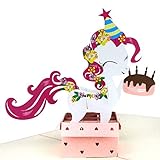MOKIO® Pop-Up Geburtstagskarte – Happy Birthday Pony mit Geschenk und Torte – 3D Geschenkkarte zum Geburtstag, handgefertigte Klappkarte mit Umschlag, ideal für Geldgeschenke