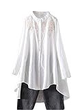 FTCayanz Damen Leinen Bluse Shirt Langarm Stickerei Hemd Elegant Langarmshirt Lang Tunika Tops Weiß XL
