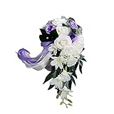 HEYLULU Romantische Hochzeit Braut Wasserfall Bouquet Künstliche Rose Blumen mit Band Brautstrauß Weiß + Lila