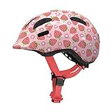 ABUS Kinderhelm Smiley 2.1 - Fahrradhelm mit Rücklicht - für Mädchen und Jungs - Rosa mit Erdbeermuster, Größe S