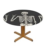 Tischdecke, abwischbar, Totenkopf, Rock-Rolle, Skelettknochen, runder Druck, Polyester, wasserabweisend, für Esstisch, Durchmesser 122 cm und 138 cm