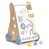 Navaris Lauflernwagen Baby Activity Wagen - Holz Lauflernhilfe mit Spielelementen - Spielwagen Laufwagen Holzspielzeug ab 12 Monaten - beige bunt