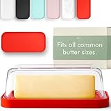 KIVY Butterdose aus Glas mit luftdichtem Deckel, der die Butter weich hält – für Arbeitsplatte und Kühlschranktürregal – spülmaschinenfeste rote Butterdose mit Deckel – Butterdose aus Glas und