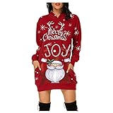 Yowablo Hoodies Sweatshirts Kleid Damenmode Lässig Frohe Weihnachten Drucke Tasche Hüfttasche Lange Ärmel mit Taschen (S,3rot)