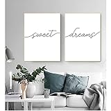 zxianc Minimalistische Schwarz-Weiß-Sweet Dreams-Zitate auf Leinwand, Kinderzimmer, Poster, Drucke, Wandkunst, Bilder für Schlafzimmer, Heimdekoration, 55 x 75 cm x 2, Goldener Rahmen