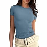 Modische Oberteile für Damen, figurbetonte Kurzarm-Basic-T-Shirts mit schmaler Passform Vintage T Shirt Basic Shirt Damen Tshirt Damen Elegant (Blue, M)