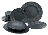 CreaTable, 33320, Serie Rondo SCHIEFER black, 12-teiliges Geschirrset, Teller Set aus Steinzeug, spülmaschinen- und mikrowellengeeignet, Made in Portugal
