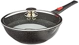 Kamberg 0008057 – Wok 30 cm – Abnehmbarer Griff – Aluminiumguss – Beschichtung in Steinoptik – Mit Glasdeckel – Für alle Herdarten, auch Induktion – PFOA‑frei, Aluminium, Schw