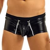 Darringls Herren Reißverschluss Leder Shorts, Kunstleder Shorts Sexy Leder Shorts Für Herren Mit Front Reißverschluss Wetlook Shorts Leder Latex Unterhose Briefs Reizwäsche Pants Mit Reiß