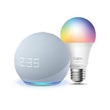 Echo Dot (5. Gen, 2022) mit Uhr, Graublau + TP-Link Tapo Mehrfarbrige dimmbare smarte WLAN lampe (E27), Funktionert mit Alexa - Smart Home-Einsteigerpaket