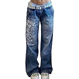 Yokbeer Damen Low Waist Wide Leg Jeans Vintage Print Baggy Hose Y2k Distressed Straight Denim Pants Slim Flare Jean e Girl Streetwear (Color : Blue, Size : S)