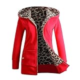 Yowablo Kapuzen-Sweatshirt Damen Plus Samt dicker Leopard Reißverschluss Mantel Mantel Outwear ( L,rot )