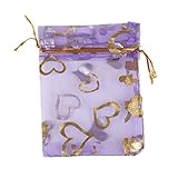 50pcs/Lot 7x9 9x12 11x16 13x18cm Printing Roses Love Christmas Organza sack Drawstring Gift Charm Jewelry Packaging Bags-Purple Love,13x18cm