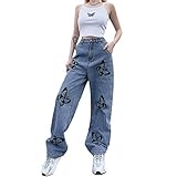 Damen Butterfly Bedruckte Jeans, Rockabilly Y2K Streetwear Baggy Loose Pants Jeans Hose mit Hoher Taille (Blau, M)