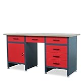 Werkbank mit Arbeitsplatte Werktisch mit 6 Schubladen Schließfach Verstellbare Füße MDF-Arbeitsplatte Belastbar bis 500 kg Metall 170 cm x 60 cm x 85 cm Anthrazit-Rot