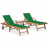 Tidyard 2 STK. Sonnenliege mit Tisch und Auflagen Gartenliege Gartenmöbel Liege Relaxliege Strandliege Freizeitliege Liegestuhl Massivholz Teak Grün