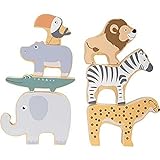 Small Foot 11704 Stapeltiere Safari, Stapel-und Balancierspiel mit Sieben Tierfiguren aus Holz, ab Zwei Jahren Toys