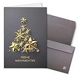 100x Weihnachtskarten-Set DIN A6 in Grau mit goldenem Weihnachtsbaum aus Sternen - Faltkarten mit passenden Umschlägen - Weihnachtsgrüße für Firmen und Privat