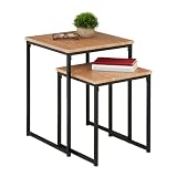 Relaxdays Beistelltisch 2er Set, stapelbar, Industrie Design, Satztisch 2 Größen, quadratisch, Metall, hellbraun/schw