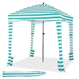 HOMASIS Strandzelt 1,8x1,8 m, höhenverstellbare Strandmuschel mit UV-Schutz, klappbarer Sonnenschutz Strand mit abnehmbarer Seitenwand & Sandsäcken, Sonnensegel mit Sandanker & Tragetasche (Grün+Weiß)