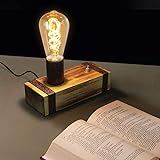 GBLY Vintage Tischlampe Holz Retro Nachttischlampe E27 Industrial Schreibtischleuchte 20CM Nachtlampe mit Stecker für Schlafzimmer Wohnzimmer Arbeitszimmer, Ohne Leuchtmittel