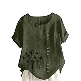Sommer-Tops für Damen, elegant, lässig, Leinenhemden, Rundhalsausschnitt, Knopf, kurze Ärmel, locker, bequemer Pullover, Blumendruck, Blusen, Übergröße, Boho-Tops, Ausgehen, Bluse, 003 * Armeegrün,