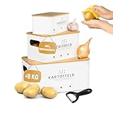 AH® Kartoffel Aufbewahrungsbox inkl. Gemüsebürste und Sparschäler [5er Set]- zwiebeltopf, kartoffelbox - Geeignet für gemüse aufbewahrung zwiebel aufbewahrung & kartoffel aufbewahrung (Weiss)