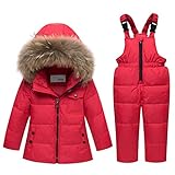 Kinder Bekleidungsset Junge Mädchen Süß Schneeanzug mit Kaputze Daunenjacke + Skihose 2tlg Verdickte Skianzug Winterjacke, Rot 2-3 Jahre