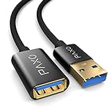 PAXO 5m USB 3.2 Gen2 Verlängerung, 10 Gbit/s (1,25 GByte/s) Übertragungsrate, A-A USB Verlängerungskabel, schwarz, Aluminiumstecker, Stoffmantel