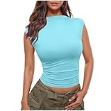 Flodxo Damen Basic T-Shirt Stehkragen Weste Tops Ausgehen Slim Fitted Ärmellos Shirts Sommer Y2K Outfits Trendy Einfarbig Crop Blusen Streetwear Base Layer Pullover Freizeitkleidung, hellblau, XL