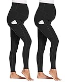 Ecavus Women's Maternity Yoga Pants with Pockets Over Bump Active Leggings Workout Athletic Full Length Pregnancy Pants (Black/Black, M)