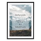 kollyseek Bilderrahmen DIN A1 Schwarz Echtholz mit Passepartout Pine Holz Rahmen mit Bruchsicherem Acrylglas Kieferholz Fotorahmen schwarz bilderrahmen p
