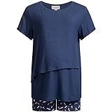 Herzmutter Stillpyjama Kurz - Umstandspyjama mit Muster-Spitze - Still Schlafanzug - Pyjama-Set für Schwangere - Wochenbett - Schwangerschaft-Stillzeit-Stillfunktion - 2650 (M, Blau)