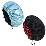 tao pipe 2 Stück Satin Bonnet Satin Schlafmütze Seiden haube,Verstellbare Schlafkappe Kopfbedeckung Weiche kopfhaube zum Schlafen mit Gummizug für Damen Mädchen(Schwarz und Hellblau)