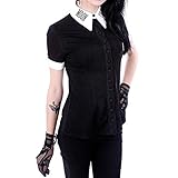 TWIFER Damen Moon Gedruckt Gothic Punk Schwarz V Ausschnitt Button Down Top Kurzarm T Shirt