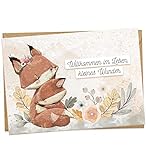 Glückwunschkarte zur Geburt mit Umschlag 'Willkommen im Leben, kleines Wunder' • moderne Grußkarte mit niedlichen Aquarell-Tieren mit Kraftpapier-Kuvert - Geschenk zur Geburt fürs Baby (Fuchs)