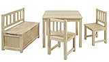 BOMI Kindertisch mit 2 Stühle und Spielzeugkiste | Kindertruhenbank aus Kiefer Massiv Holz für Kinder | Kindersitzgruppe unbehandelt Mädchen und Jungen