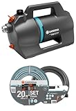 Gardena Gartenpumpe 4200 Silent Set: Sehr leise, innovative Bewässerungspumpe mit 3,5 m Sauggarnitur und 20 m Classic Schlauch, Fördermenge 4200 l/h, 600 W Motor, wasserfest, stromsparend (9055-20)
