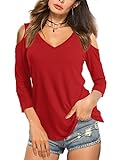 Beluring Damen Longshirt Rot Offene Schulter Tops Off Shoulder Shirt Sexy Tief Ausgeschnittenes Oberteil Rot L