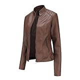 Slim New Solid Collar Damen Color Zipper Leather Stand Up Stitching Women Coat Winterjacke, coffee, 50