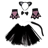 Happyyami Katzen-Kostüm für Mädchen und Erwachsene mit Tutu Rock, Handschuhe, Katzenohren, Katzenschwanz, Halloween-Kostüm für Erwachsene und Kinder, 5 Stück.