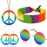 HOWAF Hippie Kostüm Set Hippie Accessoires Friedenszeichen Halskette Peace Kette Ohrringe Armband Hippie Sonnenbrille Sonnenblume Krone Haarband 60er 70er Jahre Thema Party Hippie Ankleiden Zubehörset