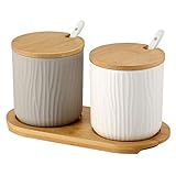 OnePine 2er Set Keramik Gewürzdosen Zuckerdose Keramik Zucker Schüssel mit Löffel und Bambus Deckel für Tee Zucker Salz Gewürze Bei Zuhause und Küche