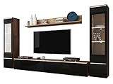 Mirjan24 Wohnwand Doppo II, Schrankwand, griffloses Öffnen, Anbauwand, Fernsehschrank, Mediawand, Wandregal, TV-Lowboard, 2X Hängevitrine (Wotan/Schwarz Hochglanz, mit weißer LED Beleuchtung)