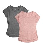 icyzone Damen Fitness Sport T-Shirt Kurzarm Laufshirt Gym Training Funktion Shirt, 2er-Pack (L, Grau/Pink)