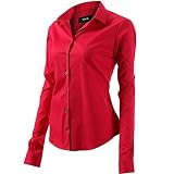FLY HAWK Bluse Hemdbluse Damen Hemd Basic Kent-Kragen Elegant OL Work Slim Fit Langarm Stretch Formelle Hemden,Rot, Größe 38, Hersteller - 10