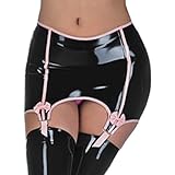 Black and Pink Strips Sexy Rubber Latex Skirts with Bows Suspenders with Garters,Yellow with pink,M