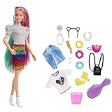 Barbie-Puppe Leopard mit regenbogenfarbenen Haaren, Barbie-Puppe mit blonden und regenbogenfarbenen Haaren, Barbie-Kleidung, Barbie-Accessoires, 16 Teile, 1 Barbie-Puppe inklusive, GRN81