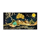 Abstract golden deer tree moon beautiful landscape wall art canvas painting Nordic artwork color poster picture living room decoration (40x80cm/15.7×31.5inch) Frameless